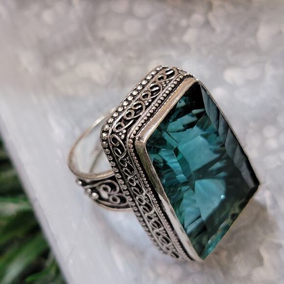 Green Stone Statement Ring, Sterling Silver Ring, 1.24 Inch Stone, Size 8.5 - Picture 2 of 12